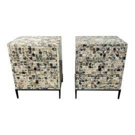 Ironies Shell Inlay Three Drawer Side Tables - a Pair. Original Price: $8,640