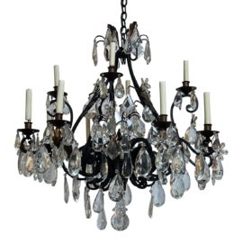Vintage French Crystal + Wrought Iron 12 Lamp Chandelier