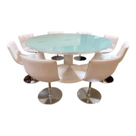 Rohan Ward Custom White Lacquer + Glass Dining Table + 8 CasaDesus Turkana Pieltech Swivel Chairs. Original Price: $30,200