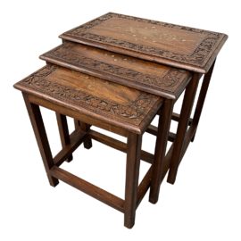 Traditional Carved Maple + Brass Inlay Nesting Tables - Set of Three Need Dimensions