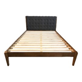 Queen Size Grey Upholstery Walnut Finish Bed Frame