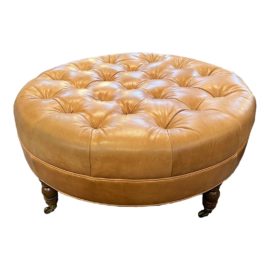 Miles Talbot 42" Round Tufted Leather Ottoman. Original Price: $1,168