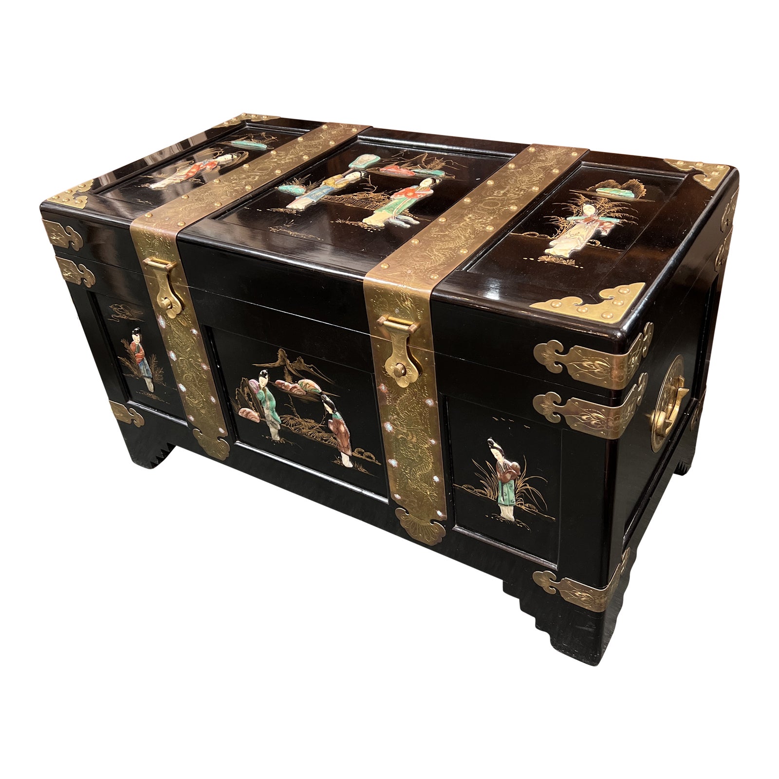 Vintage Chinese Black Lacquer + Brass Trunk - Design Plus Gallery