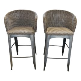 Palecek Gray Industrial Loft Vintage Iron Wicker Bar Stools, a Pair. Original Price: $1,468
