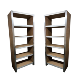 NEW Pair of Palecek Savannah Brushed Stainless Steel and Seagrass Caned Etageres. Original Price: $9,876