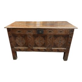 Antique English c.1660 Carved Coffer Trunk