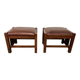 Stickley Mission Collection Oak + Leather Foot Stools - a Pair. Original Price: $2,600