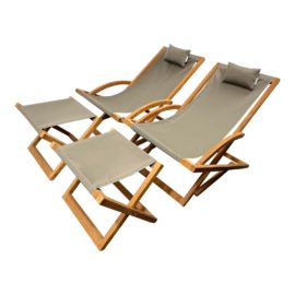 Royal Botanic Outdoor Beacher Foldable Teak Chairs+ Ottomans, a Pair. Original Price: $2,450