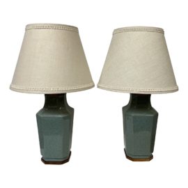 Vintage Crackle Glass + Walnut Table Lamps, a Pair