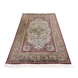 Tabriz Style Wool Area Rug in Burgundy + Tan + White - 5′2″ × 8'