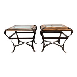 Saddle Strap Wood + Iron + Glass Side Tables, a Pair