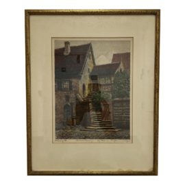 Early 20th Century German Hand Colored Lithograph "Cottage Steps."