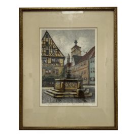 Early 20th Century German Hand Colored Lithograph - "Fountain #2"