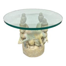 Antique Chinese Carved Figure Base with Glass Top Side Table