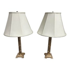 Asian Influenced Silver Faux Bamboo Table Lamps, a Pair
