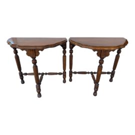 Round Dark Wood Side Tables, a Pair