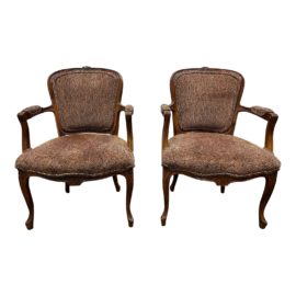 Vintage Louis XV Style Leopard Print Bergere Chairs - a Pair