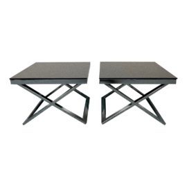 Contemporary Black Glass + Chrome Side Tables, a Pair