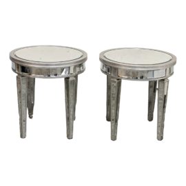 Late 20th Century Round Mirrored Hollywood Style Side Tables, a Pair. Original Price: $3,775