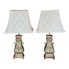 Mid 20th Century Cast Chinoiserie Table Lamps + Custom Shades, a Pair