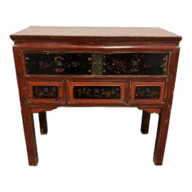 Antique Red + Black Asian Lacquered Chest Console. Original Price: $3,900
