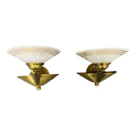 Early 21st Century Art Deco Style Brass + Alabaster Shade Wall Sconce, a Pair