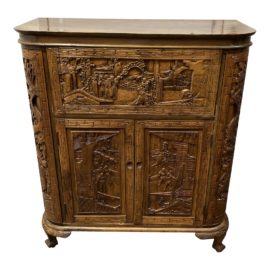 Antique Asian Had Carved Folding Dry Bar