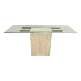 Artedi 1970's Glass Top Travertine + Brass Console Table