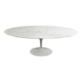 NEW France & Son Carrara Marble Pedestal Oval Dining Table. Original Price: $3,500