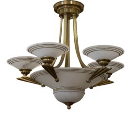 Art Deco Style Brass + Alabaster Shade Chandelier
