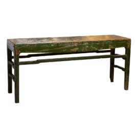 Antique Chinese Wood Distress Green Lacquered Console