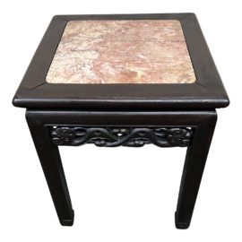 Vintage Chinese Rose Marble Top Accent Table, Signed