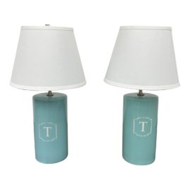 Tiffany Blue Table Lamps + "T" Initial, Pair