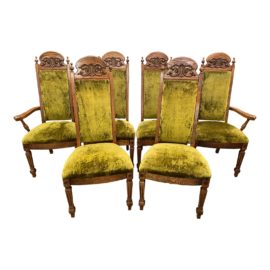 Vintage 70's Green Velvet Dining Chairs, Set of Six