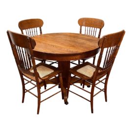 Antique 1920's Oak Round Table + Four Chairs, a Set