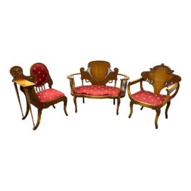Edwardian Parlor Three Piece Settee, Fan Chair, + Tray Chair Set