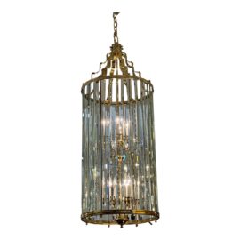1990's Quoizel Vintage Birdcage Style Brass + Glass Pendant Chandelier