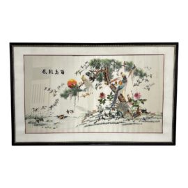"Hundred Birds and the Phoenix" Chinese Silk Embroidery in a Black + Gold Wooden Frame