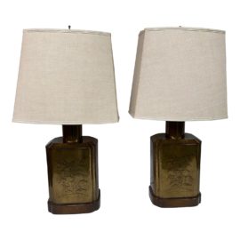 Mid 20th Century Frederick Cooper Style Chinoiserie Etched Brass Tea Cannister Table Lamps, a Pair