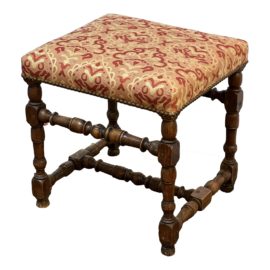 Antique English Turned Wood Stool With Jacquard and Nailheads