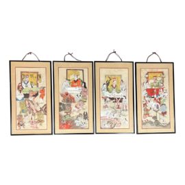 Vintage Asian Depictions Demons Torture Panels, Set of Four
