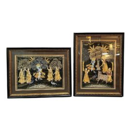 Vintage Krishna Dance Framed Paintings, a Pair