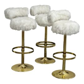 Mod 1970s Swivel Barstools With Fur Upholstery, Set of Three. Original Price: $7,400