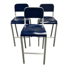 Emeco 1951 Stools With Atlantic Blue Acrylic Seat, Set of Three. Original Price: $2,160