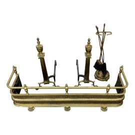Vintage Brass Fire Fender + Pair of Urn Form Andirons + Brass Tool Set