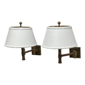 Brass Swing Arm Wall Lights + Linen Shades, a Pair