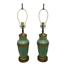 Vintage Green Table Lamps + Brass Accents, a Pair