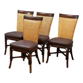 Palecek Bamboo + Wicker + Leather Side Chairs, Set of Four