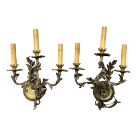 French Louis XV Style 3 Light Brass Wall Sconces, a Pair