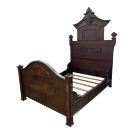 Full Size Antique Victorian Eastlake Renaissance Revival Carved Walnut + Burl Bed Frame